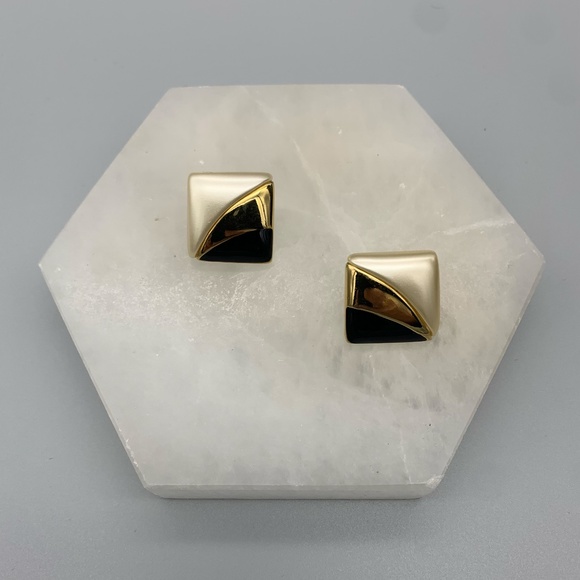 Vintage Napier Geometric Earrings 1980s Gold Tone Pearl Black Square Wave - Picture 2 of 3